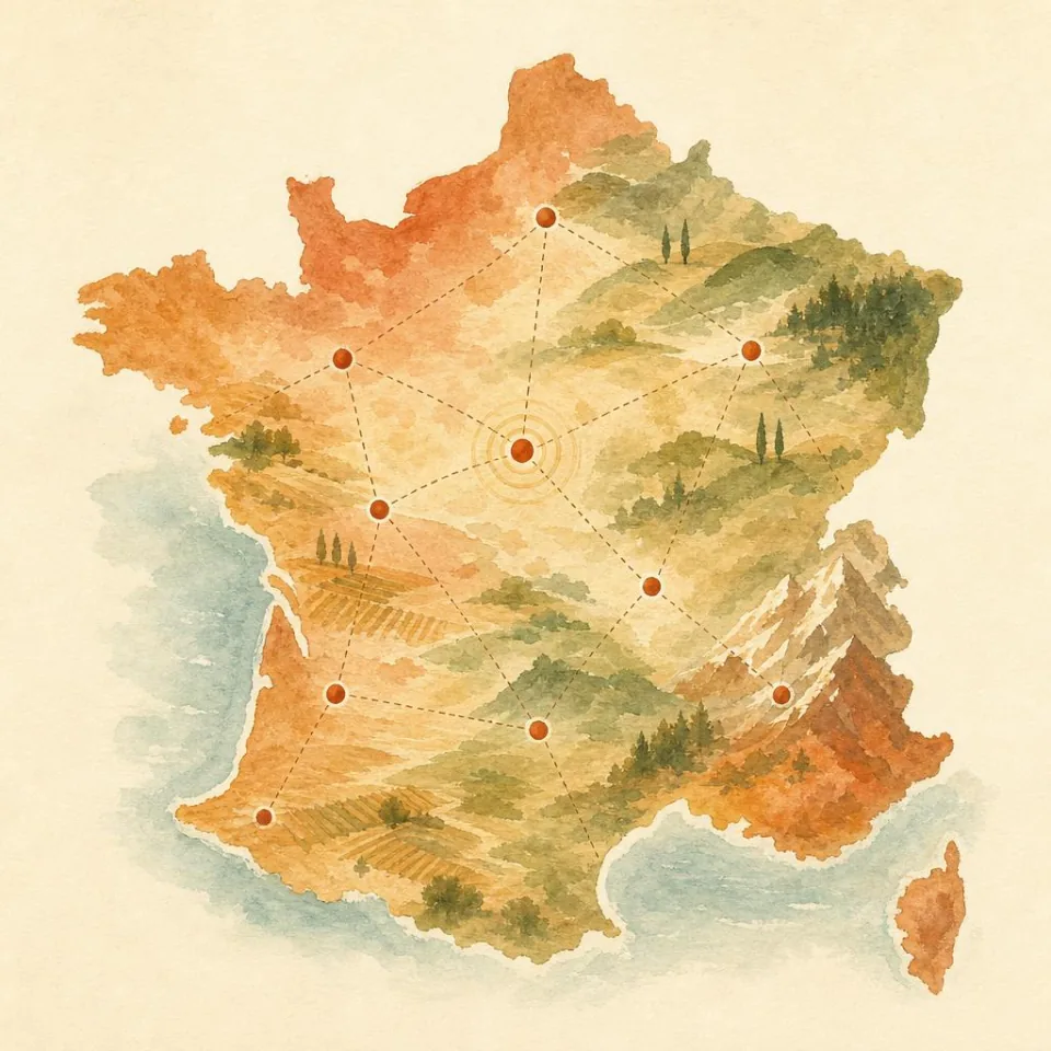 Illustration gouache d'une carte de France parsemée de points reliés, symbolisant le réseau de gardiens partout dans le pays.